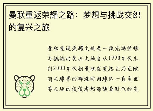 曼联重返荣耀之路：梦想与挑战交织的复兴之旅