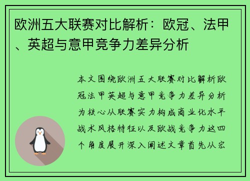 欧洲五大联赛对比解析：欧冠、法甲、英超与意甲竞争力差异分析