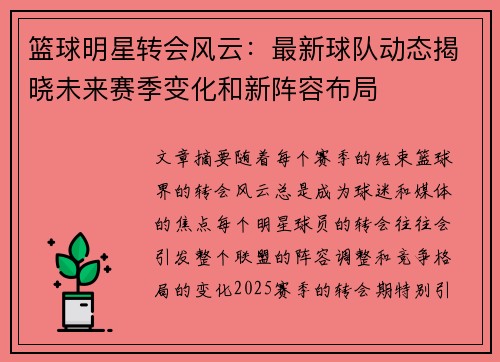 篮球明星转会风云：最新球队动态揭晓未来赛季变化和新阵容布局